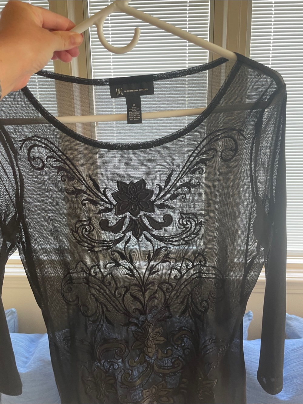 INC International Concepts Black Embroidered Sheer Long Sleeve Top